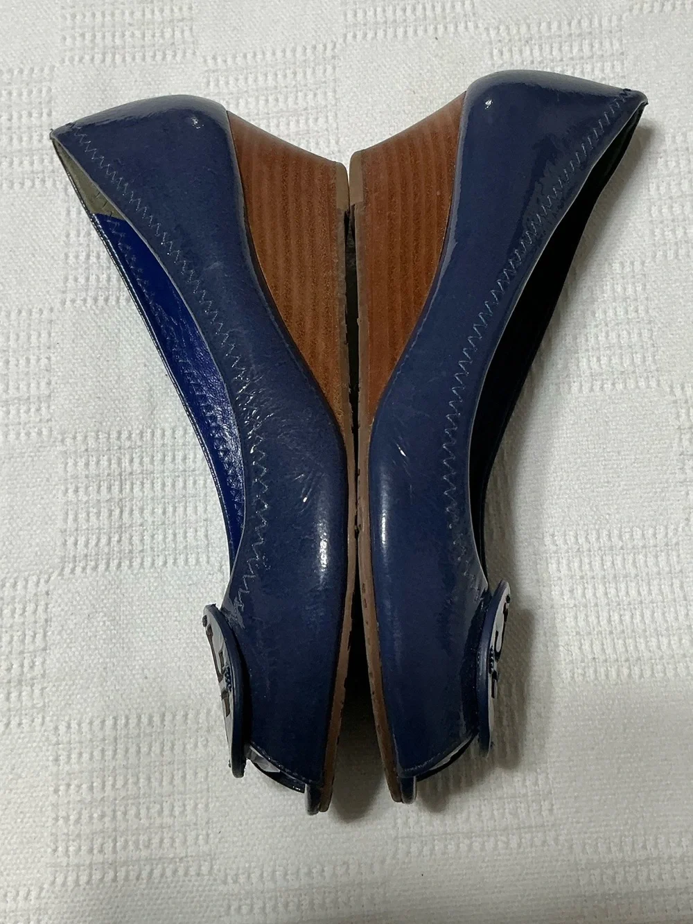 Tory Burch Blue Patent Leather Peep Toe Wedges Pumps Size 7